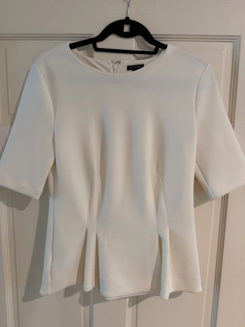 Ann Taylor Cream Short-Sleeve Ponte Peplum Tunic